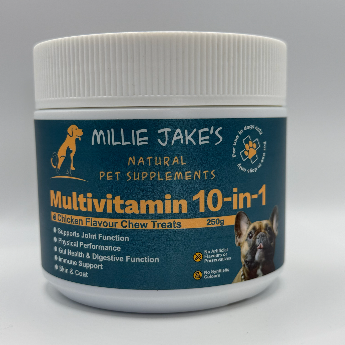 Jar of Millie Jake's Multivitamin 10-in-1 dog chew treats on a gray background