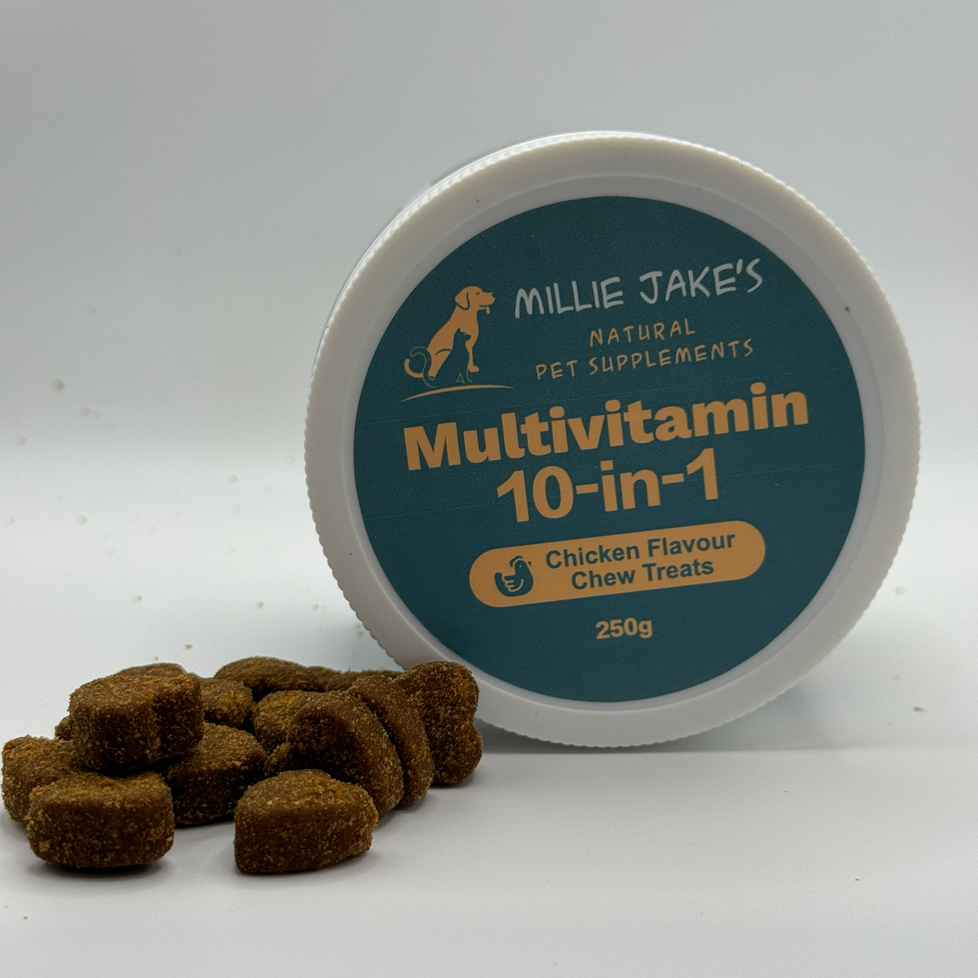 Millie Jake's Multivitamin 10-in-1 Chicken Flavour Chew Treats container with treats on a white background