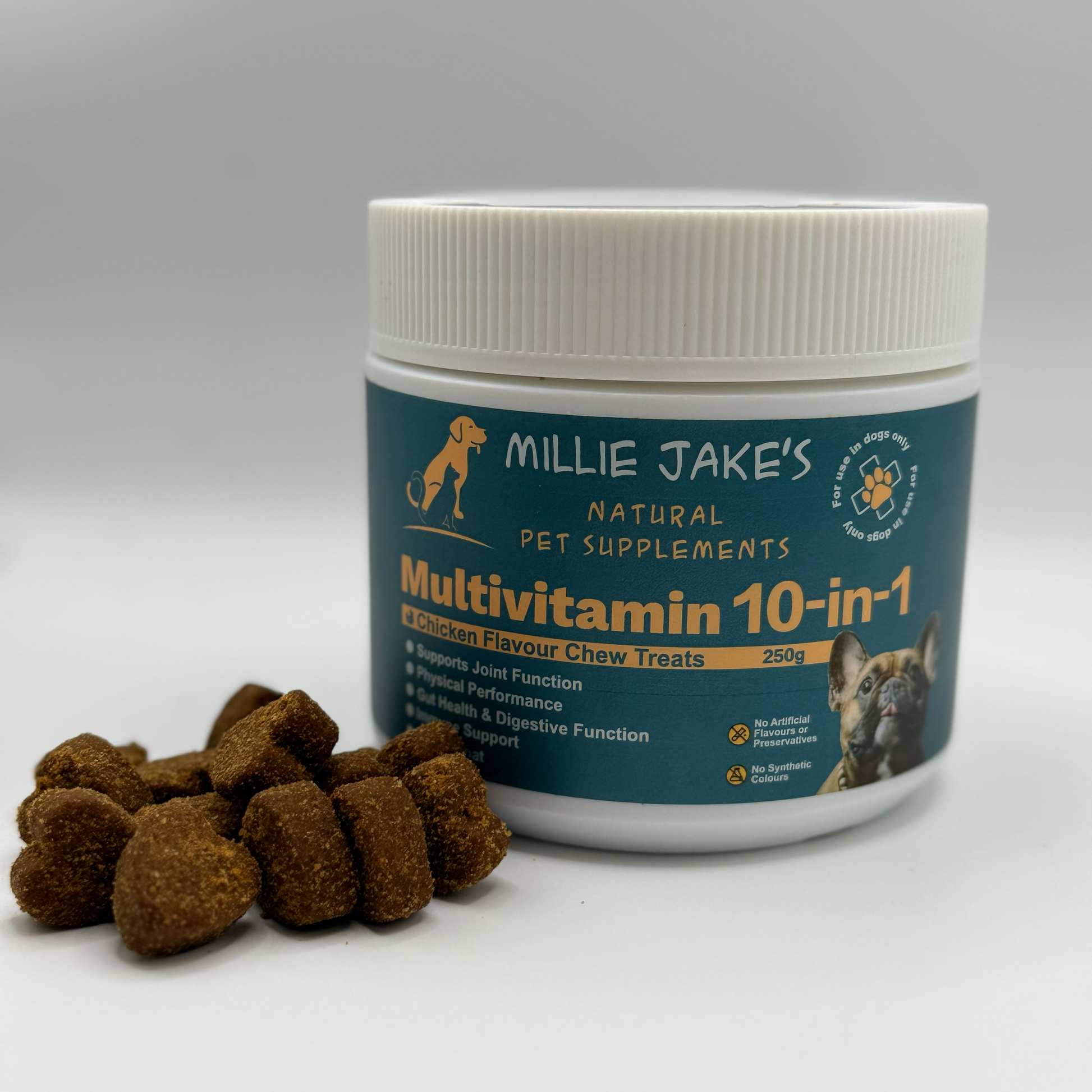 Jar of Millie Jake's Multivitamin 10-in-1 dog chew treats on a gray background
