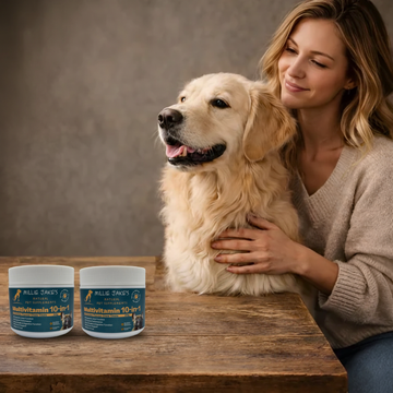 Woman holding a dog next to two cans of Elle Jack's pet supplement on a wooden table.